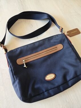 Coach Navy Messenger Bag with Tan Leather Trim and Gold Hardware